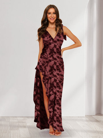 Trumpet/Mermaid V-Neck Asymmetrical Floral Wedding Guest Dresses with Bow & Ruffles