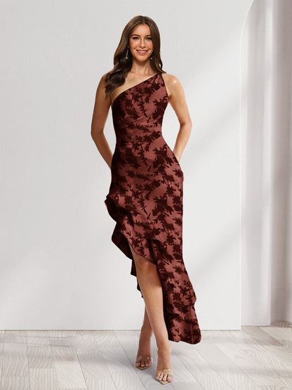 Sheath/Column One-Shoulder Ruffle Floral Wedding Guest Dresses with Split Side