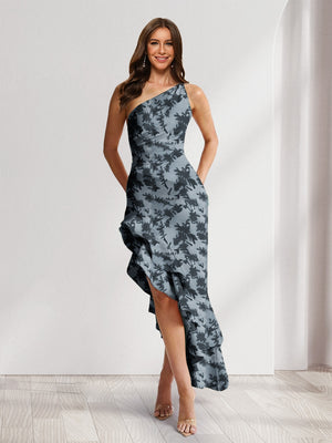 Sheath/Column One-Shoulder Ruffle Floral Wedding Guest Dresses with Split Side