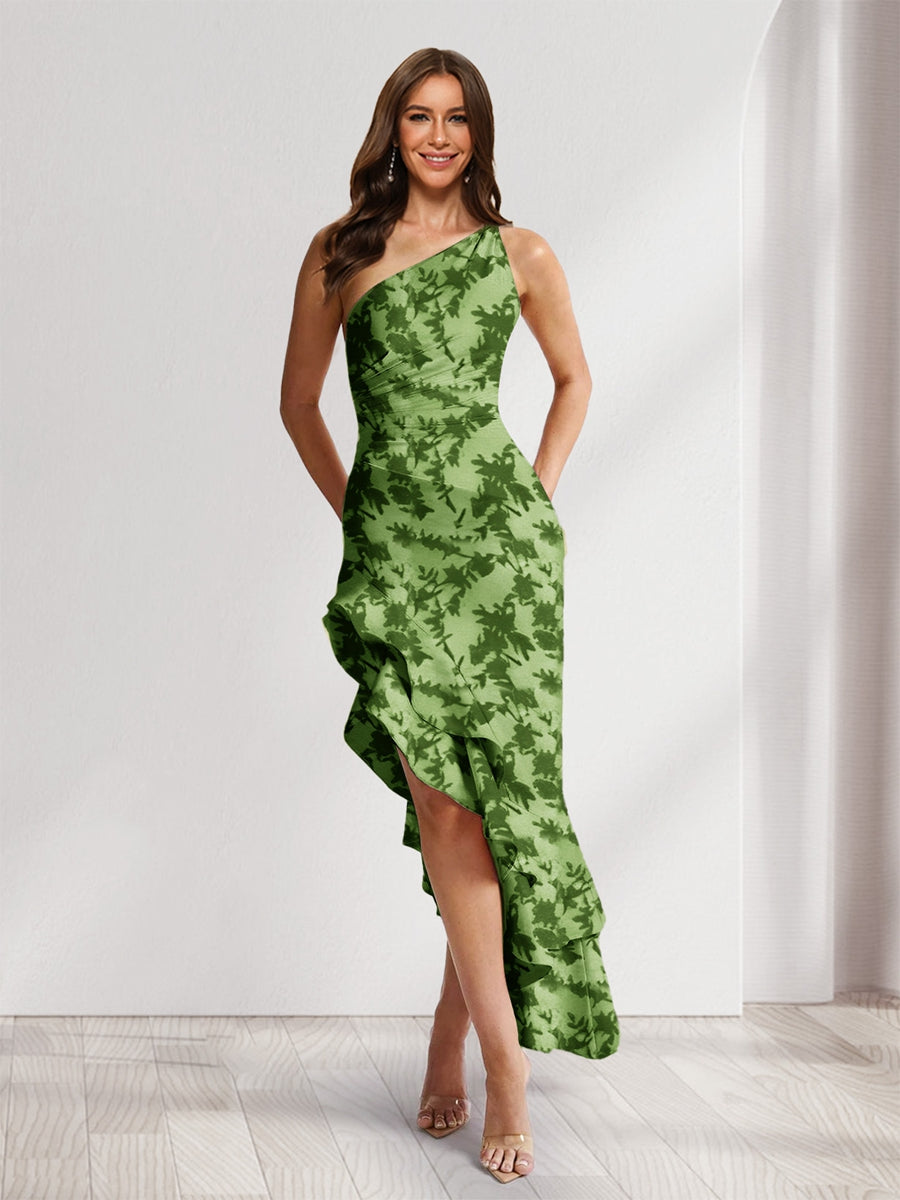 Sheath/Column One-Shoulder Ruffle Floral Wedding Guest Dresses with Split Side