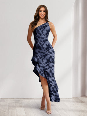 Sheath/Column One-Shoulder Ruffle Floral Wedding Guest Dresses with Split Side