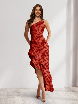 Sheath/Column One-Shoulder Ruffle Floral Wedding Guest Dresses with Split Side