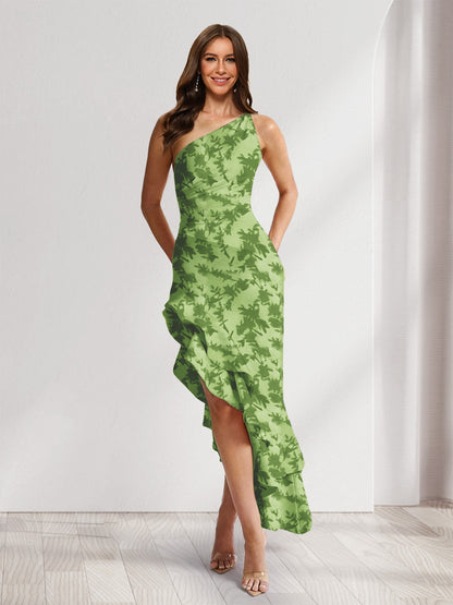 Sheath/Column One-Shoulder Ruffle Floral Wedding Guest Dresses with Split Side