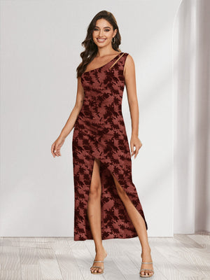 Sheath/Column One-Shoulder Short Floral Women's Dresses with Split Side