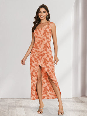 Sheath/Column One-Shoulder Short Floral Women's Dresses with Split Side