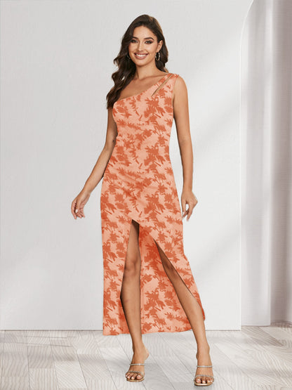 Sheath/Column One-Shoulder Short Floral Women's Dresses with Split Side