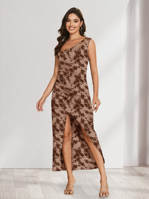 Sheath/Column One-Shoulder Short Floral Women's Dresses with Split Side