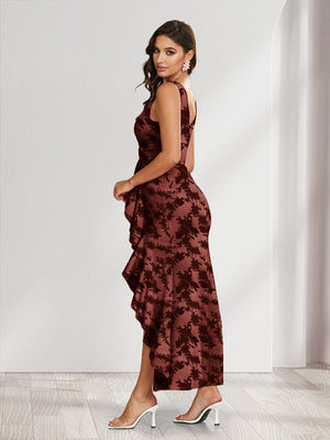 Sheath/Column V-Neck High Low Floral Women's Dresses with Split Side