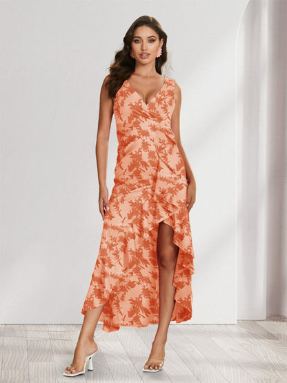 Sheath/Column V-Neck High Low Floral Women's Dresses with Split Side