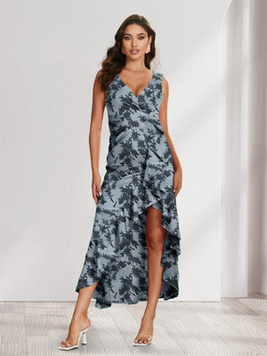 Sheath/Column V-Neck High Low Floral Women's Dresses with Split Side