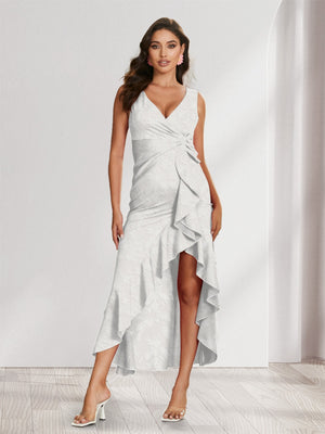 Sheath/Column V-Neck High Low Floral Women's Dresses with Split Side