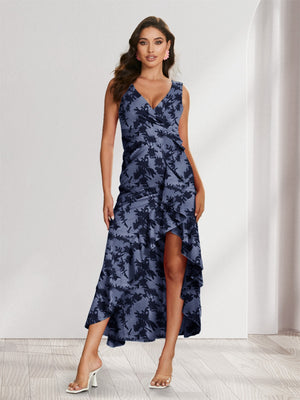 Sheath/Column V-Neck High Low Floral Women's Dresses with Split Side