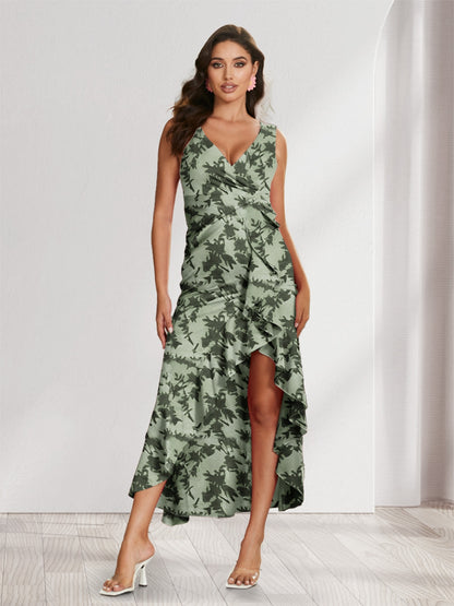 Sheath/Column V-Neck High Low Floral Women's Dresses with Split Side