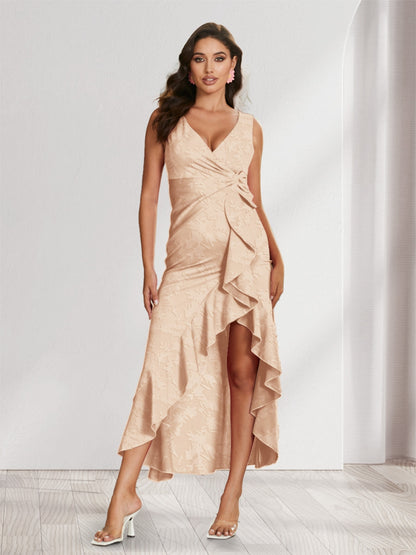 Sheath/Column V-Neck High Low Floral Women's Dresses with Split Side