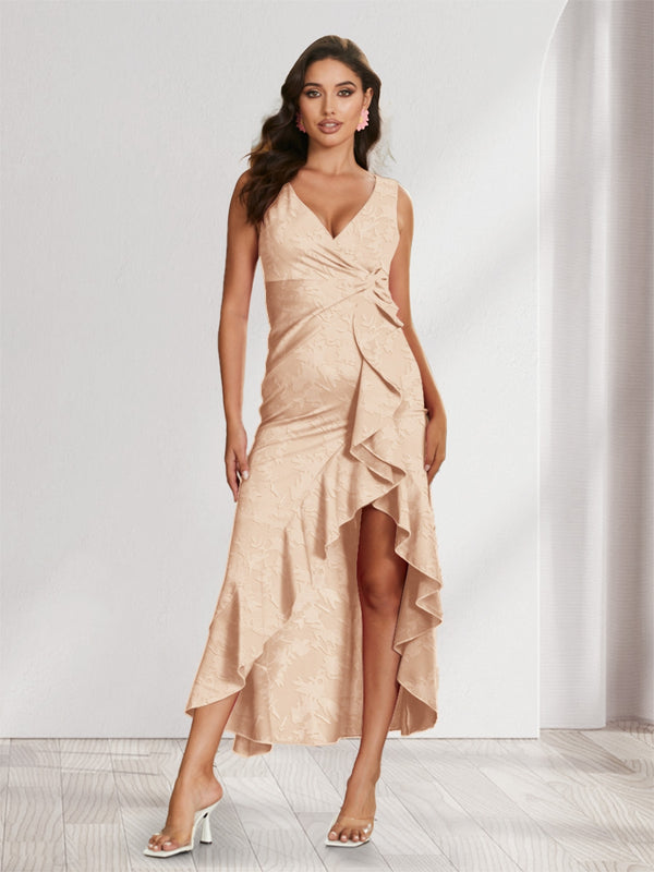 Sheath/Column V-Neck High Low Floral Women's Dresses with Split Side