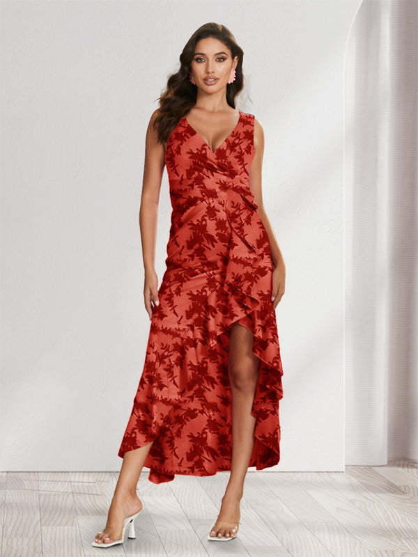 Sheath/Column V-Neck High Low Floral Women's Dresses with Split Side