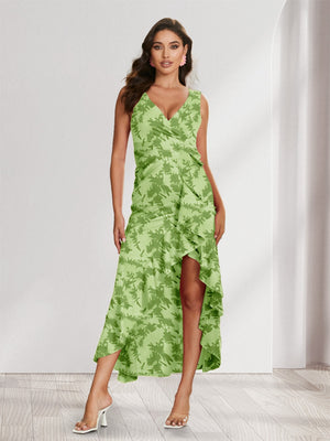 Sheath/Column V-Neck High Low Floral Women's Dresses with Split Side