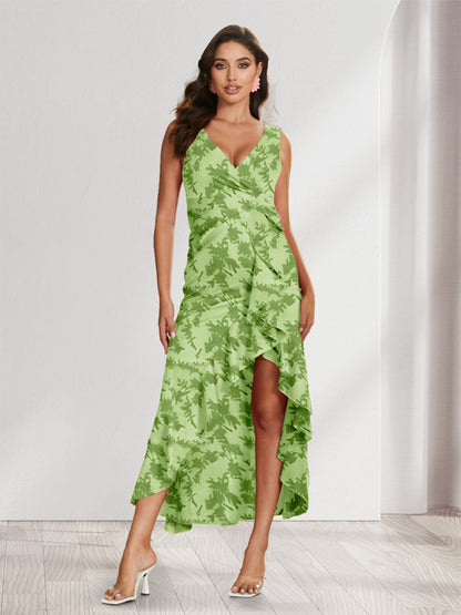 Sheath/Column V-Neck High Low Floral Women's Dresses with Split Side