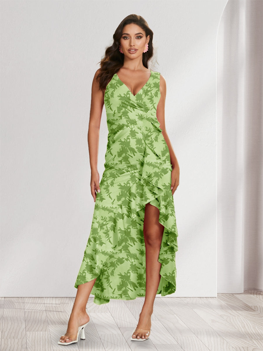 Sheath/Column V-Neck High Low Floral Women's Dresses with Split Side