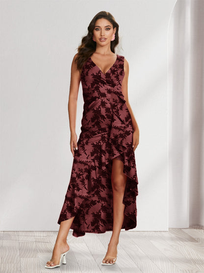 Sheath/Column V-Neck High Low Floral Women's Dresses with Split Side