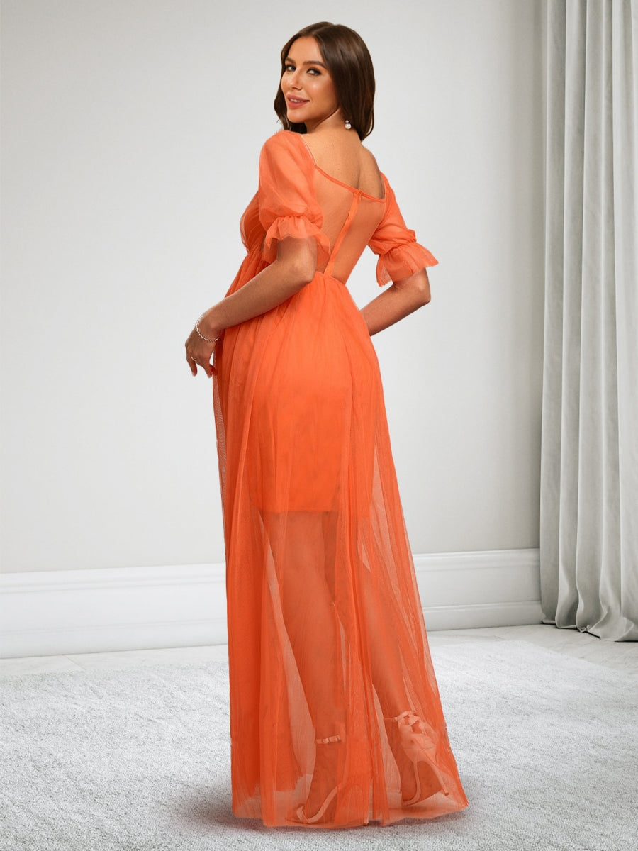 A-Line/Princess Square Neck Half Sleeves Ruched Long Maternity Dresses