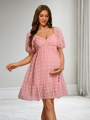 A-Line/Princess V-Neck Short Sleeves Classic Baby Shower Dresses with Dots & Ruffles