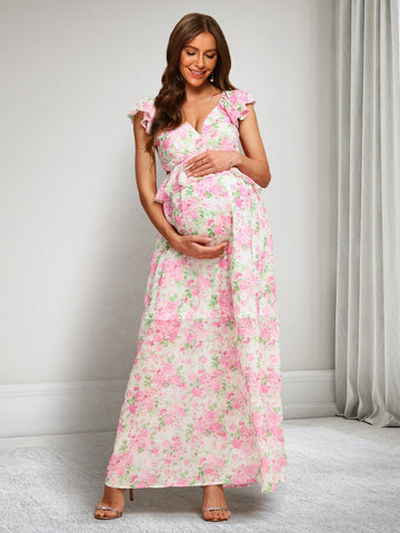A-Line/Princess V-Neck Ankle-Length Printed Floral Baby Shower Dresses with Ruffles