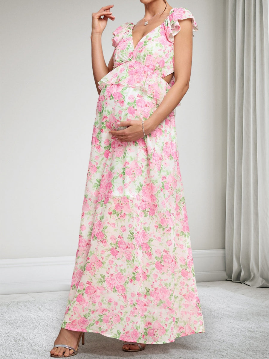 A-Line/Princess V-Neck Ankle-Length Printed Floral Maternity Dresses with Ruffles