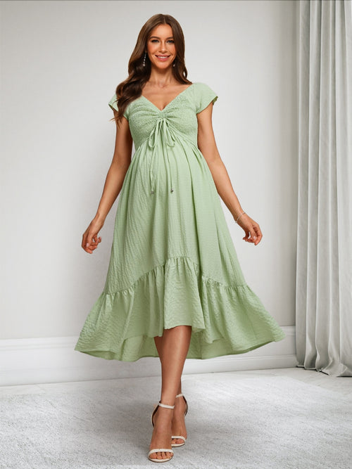A-Line/Princess V-Neck Short Sleeves Ruched Asymmetrical Baby Shower Dresses with Ruffles