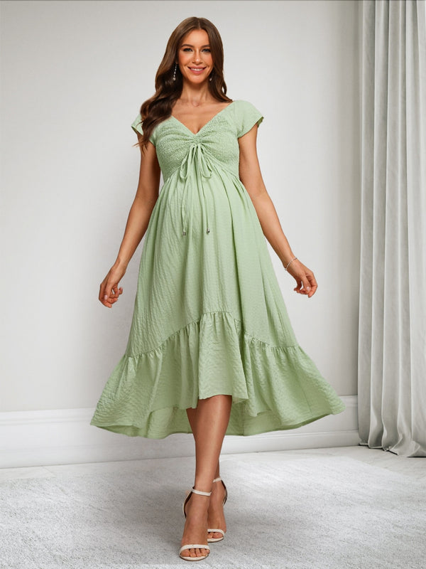 A-Line/Princess V-Neck Short Sleeves Ruched Asymmetrical Baby Shower Dresses with Ruffles