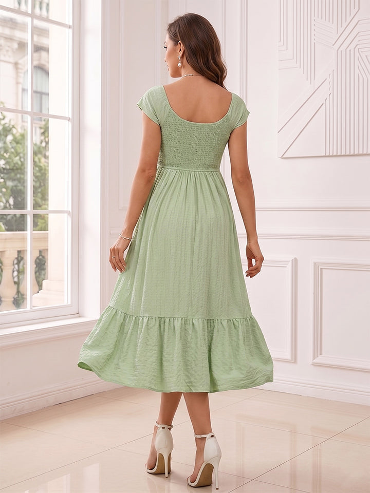 A-Line/Princess V-Neck Short Sleeves Ruched Asymmetrical Maternity Dresses with Ruffles