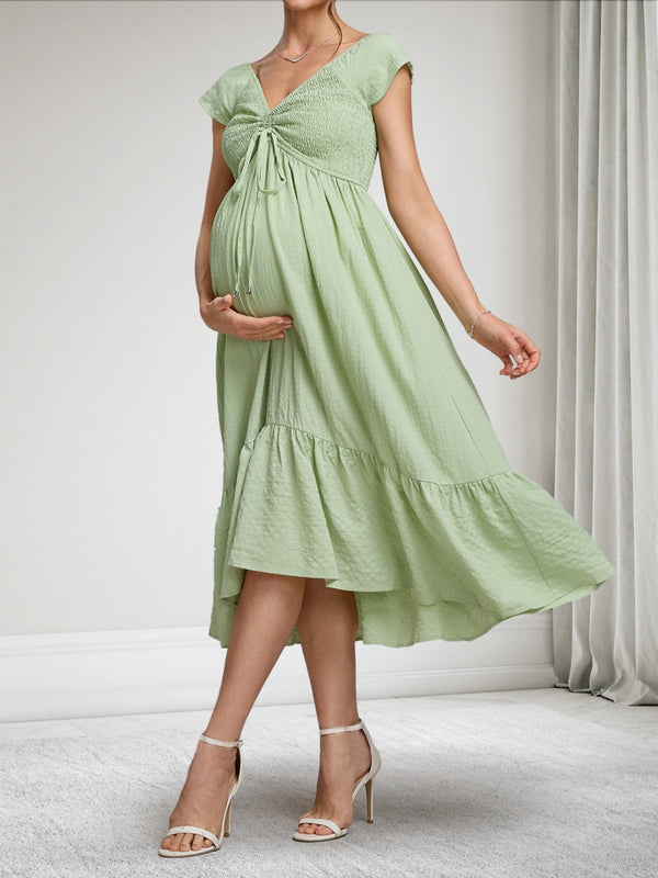 A-Line/Princess V-Neck Short Sleeves Ruched Asymmetrical Baby Shower Dresses with Ruffles