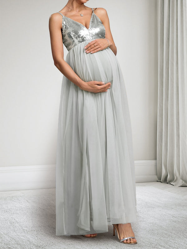 A-Line/Princess Spaghetti Straps Sleeveless Ankle-Length Sequins Baby Shower Dresses