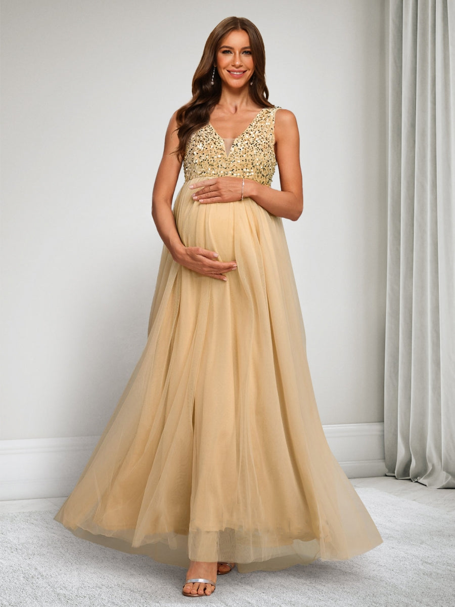 A-Line/Princess V-Neck Sleeveless Ankle-Length Tulle Baby Shower Dresses with Sequins