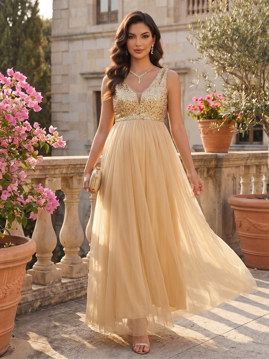 A-Line/Princess V-Neck Sleeveless Ankle-Length Tulle Maternity Dresses with Sequins