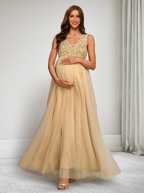 A-Line/Princess V-Neck Sleeveless Ankle-Length Tulle Baby Shower Dresses with Sequins