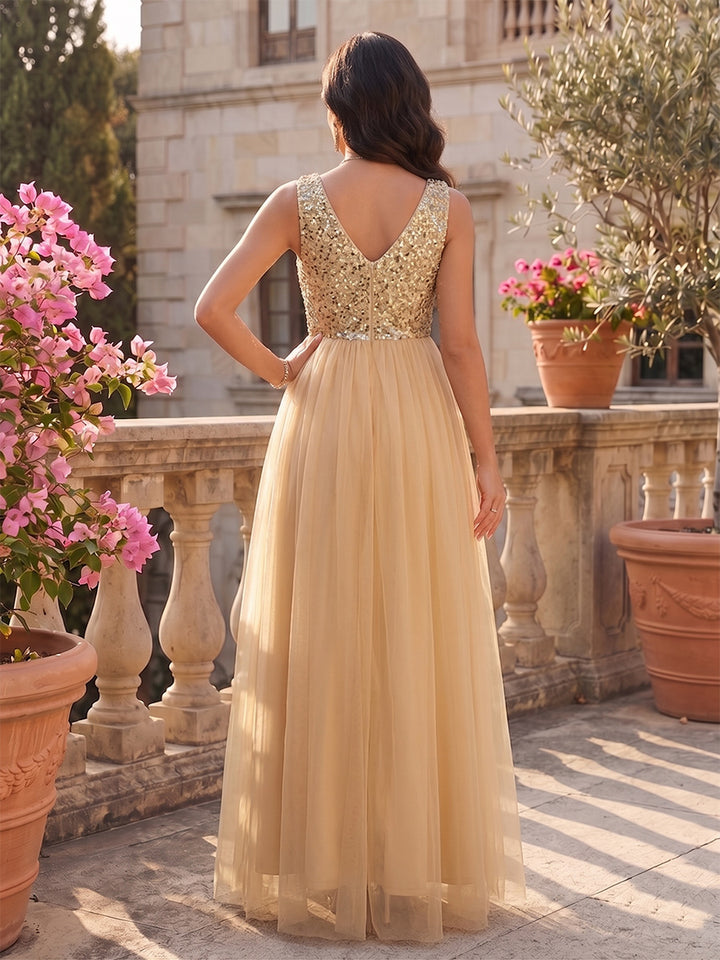 A-Line/Princess V-Neck Sleeveless Ankle-Length Tulle Maternity Dresses with Sequins