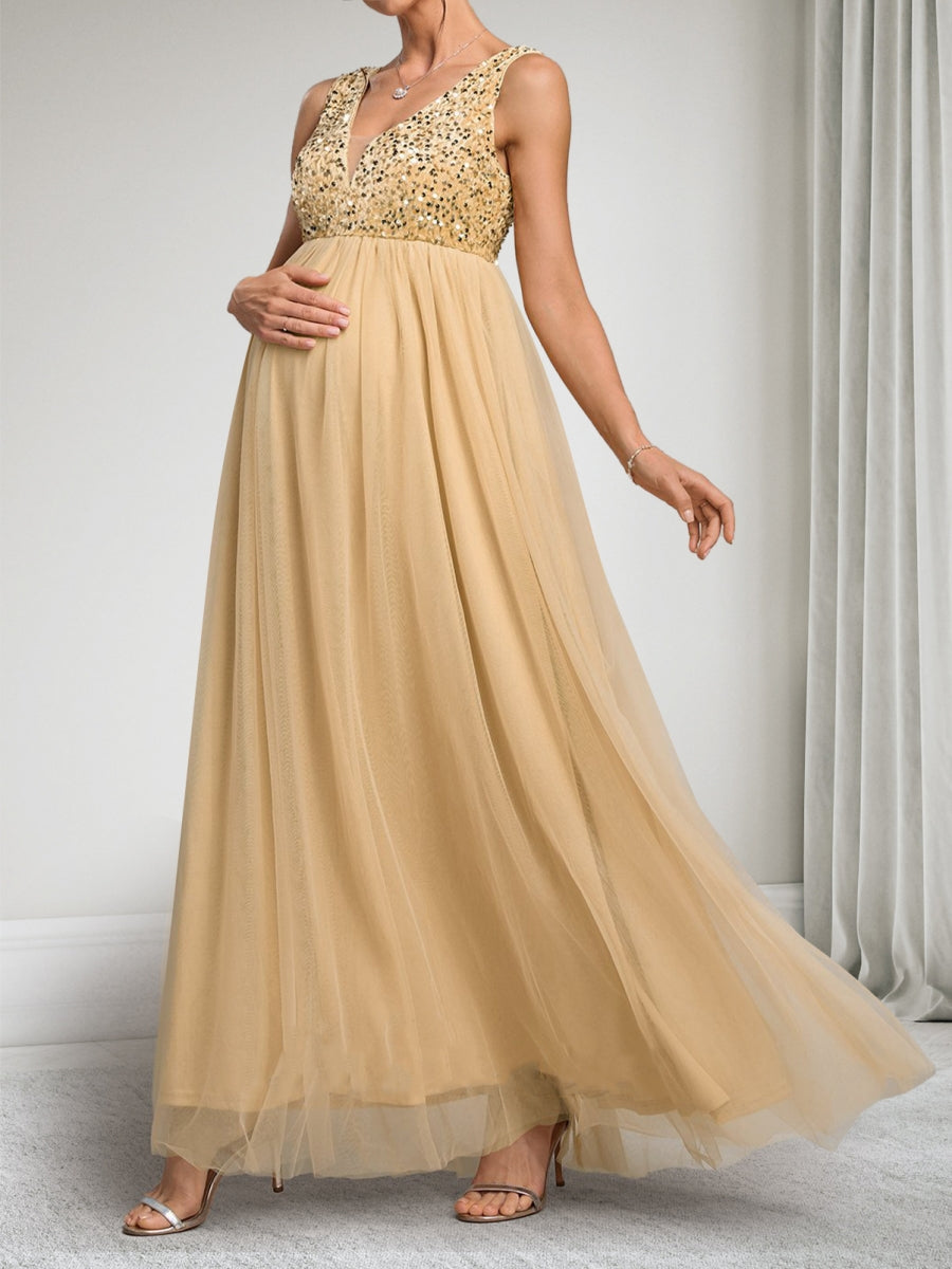 A-Line/Princess V-Neck Sleeveless Ankle-Length Tulle Maternity Dresses with Sequins
