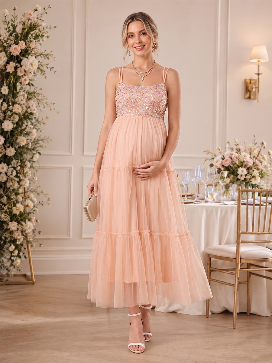 A-Line/Princess Spaghetti Straps Sleeveless Tulle Maternity Dresses with Sequins