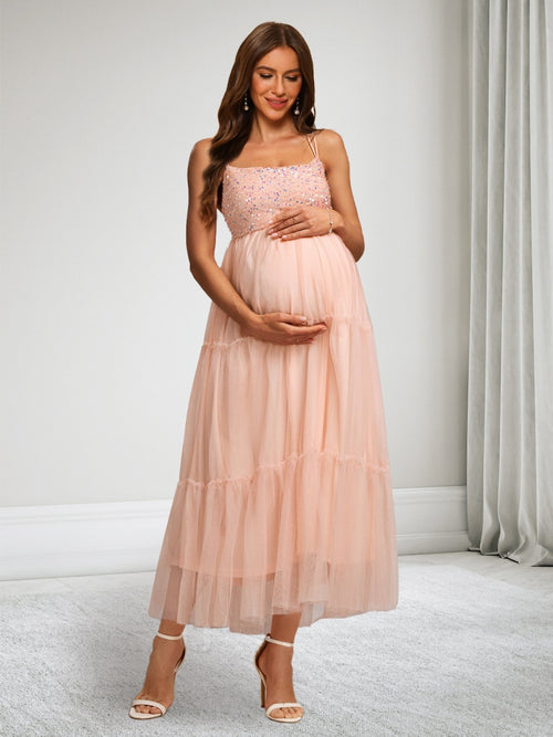 A-Line/Princess Spaghetti Straps Sleeveless Tulle Baby Shower Dresses with Sequins