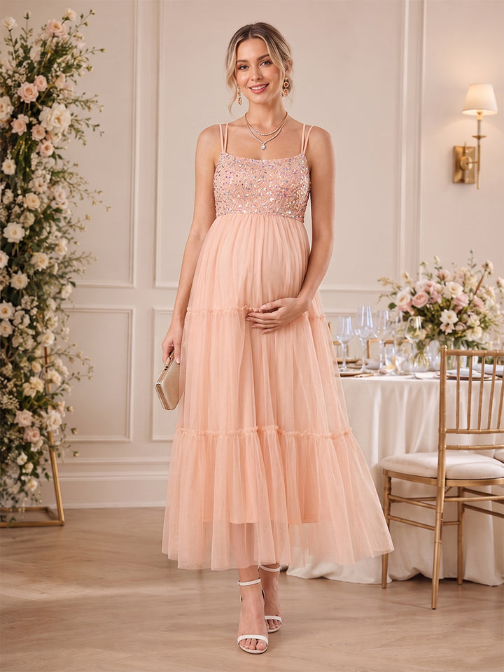 A-Line/Princess Spaghetti Straps Sleeveless Tulle Maternity Dresses with Sequins