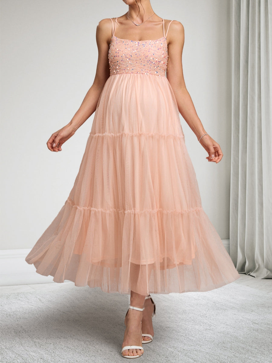 A-Line/Princess Spaghetti Straps Sleeveless Tulle Maternity Dresses with Sequins
