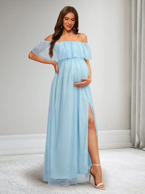 A-Line/Princess Off-the-Shoulder Sleeveless Long Baby Shower Dresses with Split Side & Ruffles