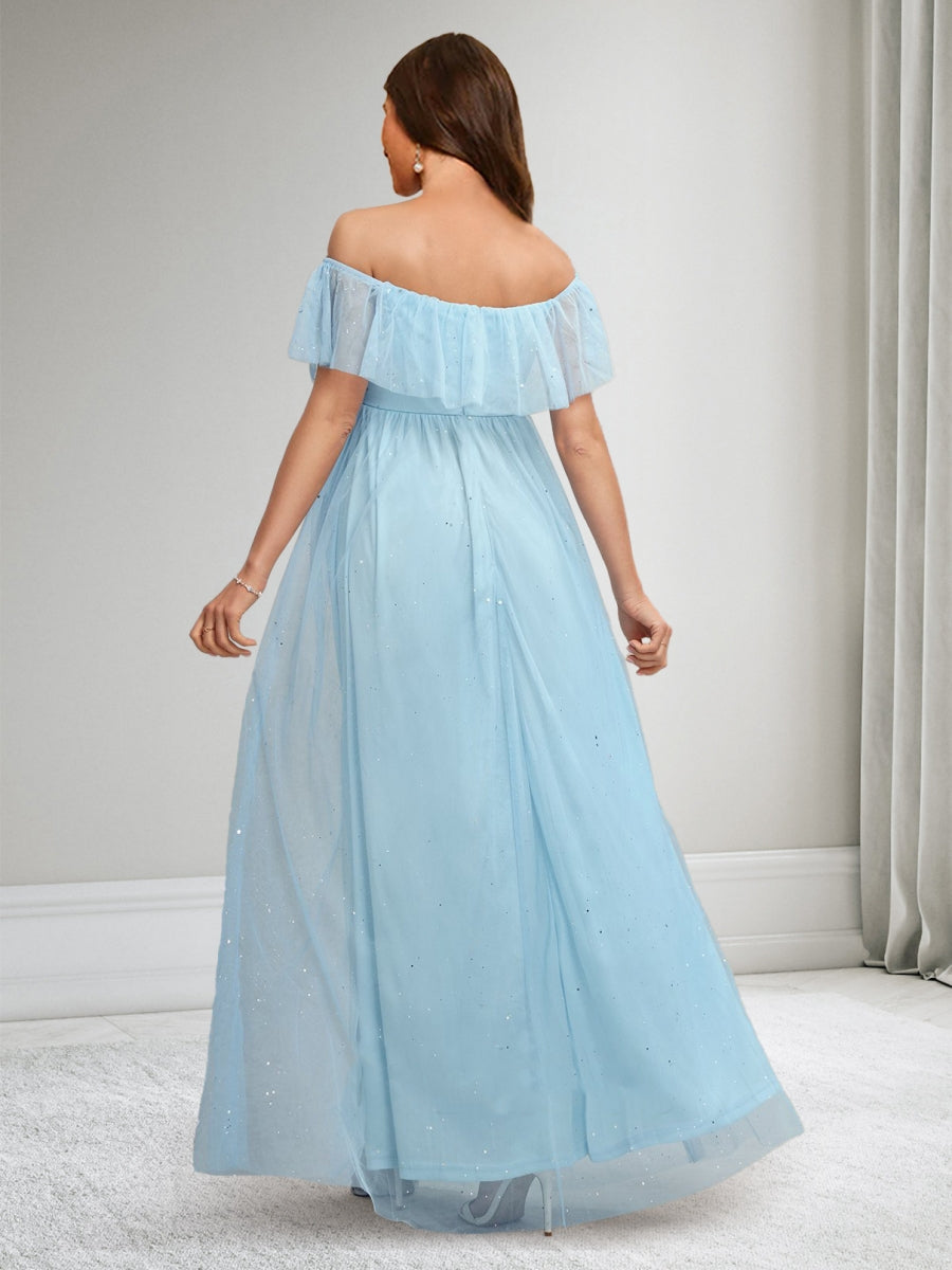 A-Line/Princess Off-the-Shoulder Sleeveless Long Baby Shower Dresses with Split Side & Ruffles