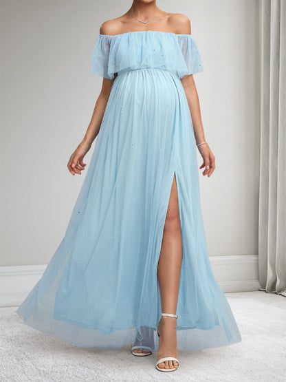 A-Line/Princess Off-the-Shoulder Sleeveless Long Maternity Dresses with Split Side & Ruffles