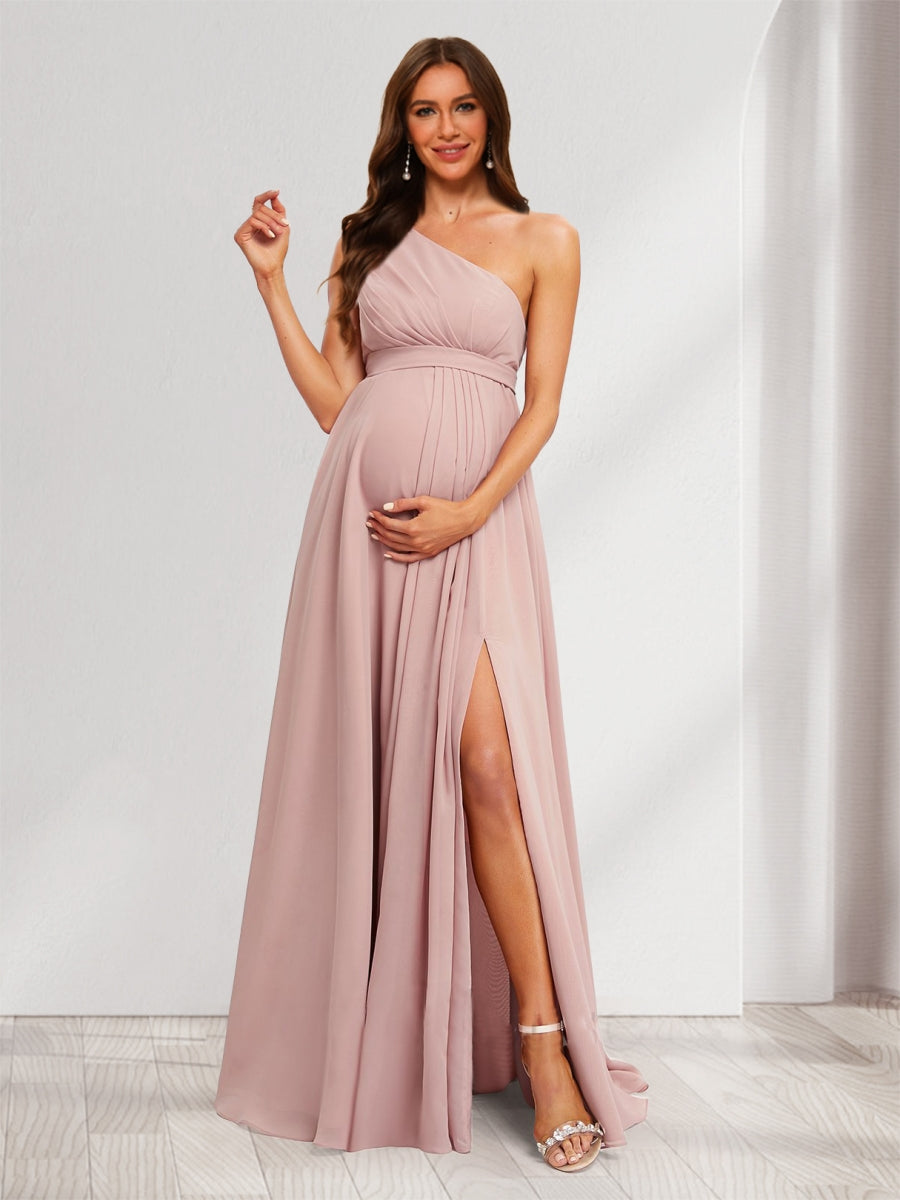 A-Line/Princess One-Shoulder Ruched Chiffon Baby Shower Bridesmaid Dresses with Split Side & Ruffles