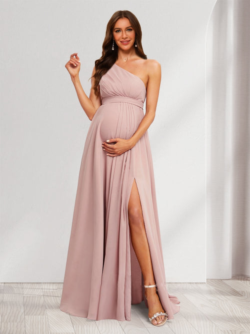 A-Line/Princess One-Shoulder Ruched Chiffon Baby Shower Bridesmaid Dresses with Split Side & Ruffles