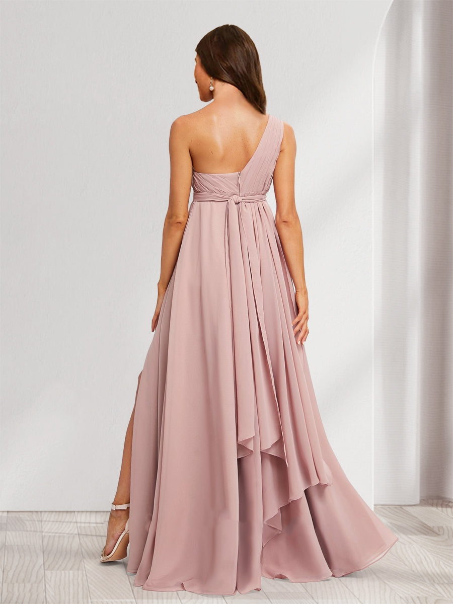 A-Line/Princess One-Shoulder Ruched Chiffon Baby Shower Bridesmaid Dresses with Split Side & Ruffles