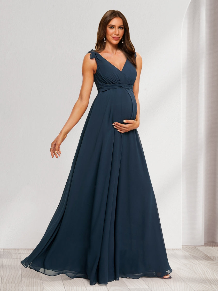 Elegant Maternity Dress A-Line/Princess V-Neck Sleeveless Long Womens Bridesmaid Dresses with Ruffle & Bow 2026
