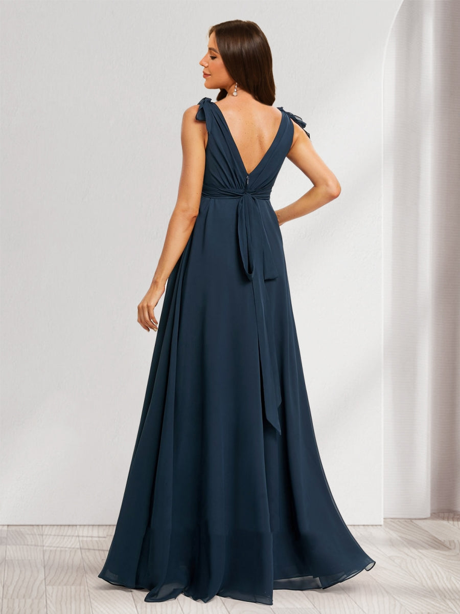 A-Line/Princess V-Neck Sleeveless Floor-Length Maternity Bridesmaid Dresses with Ruffle &amp; Bow